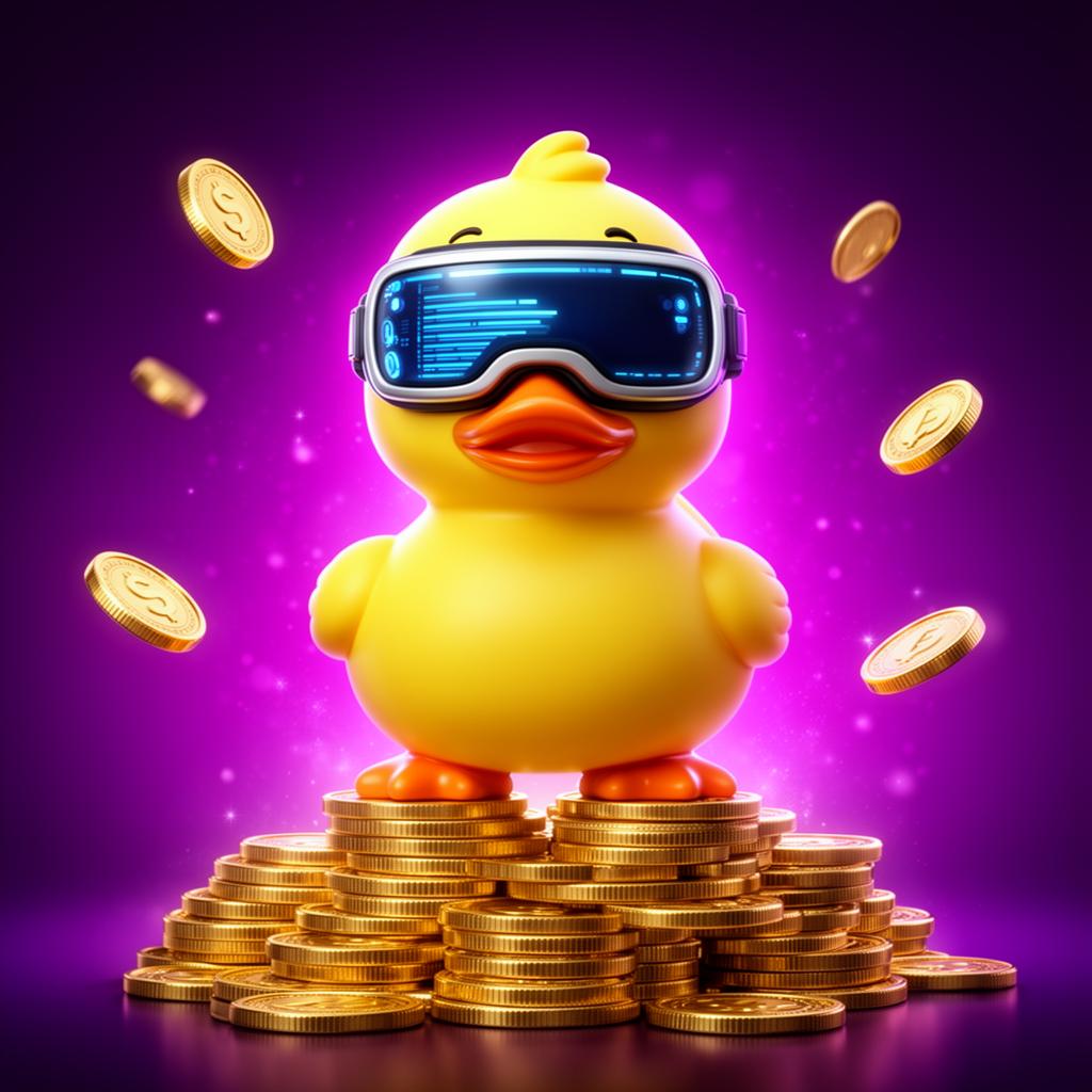 DuckySino mascotte met VR-bril op een berg gouden munten